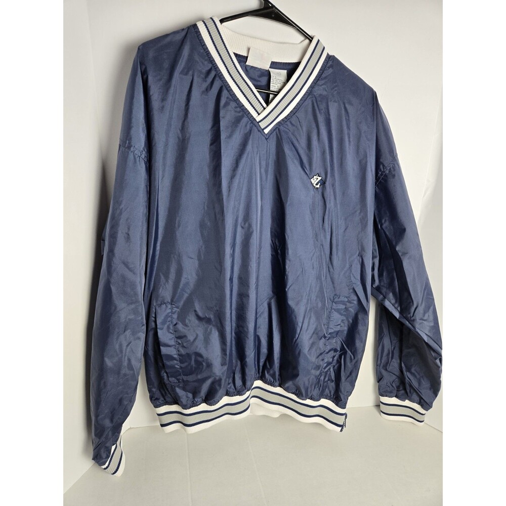 VINTAGE Size L Blue Jerzees Pullover V-Neck Nylon Windbreaker Adult  Side Zip
